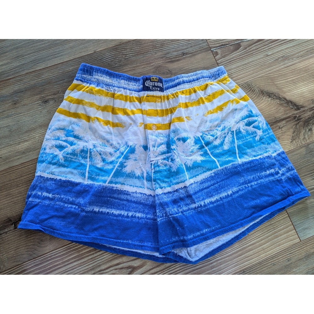 Corona Mens XL Lounge Shorts Blue Yellow White Tie Dye Palm Tree Striped